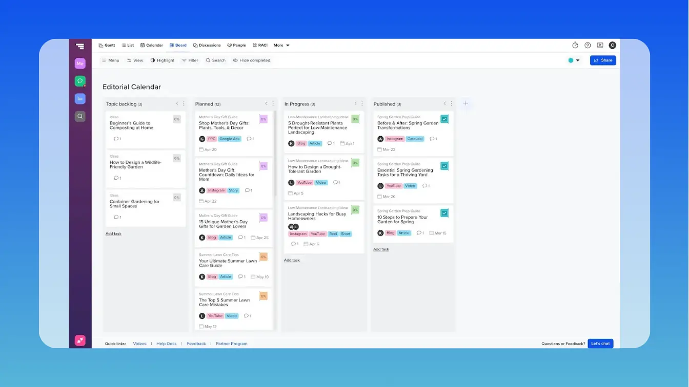 A sample Kanban board in TeamGantt with columns for tracking the progress of content in the publication process. Columns have been set up for the topic backlog, planned topics, in progress content pieces, and published content. Each card represents a topic or content piece on the content marketing calendar.